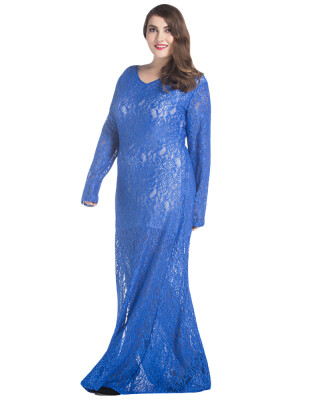 

Women Plus Size Lace Maxi Dress V-Neck Full Sleeve Lined Evening Party Solid Long Dress