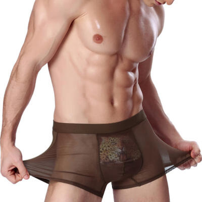 

Men Sexy Underwear Ice Silk Soft Printing Mesh Breathable Middle-waist Ultra-thin Tiger Boxers