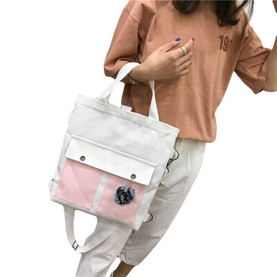 

Women Casual 2 Colors Block Fluffy Ball Shoulder Bag Canvas Multi Pocket Handbag