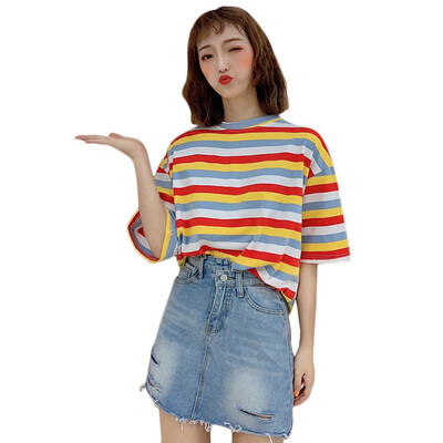 

Womens Fashion Summer Casual T Shirt Short Sleeve O-Neck Korean Style Striped Loose Long Tee