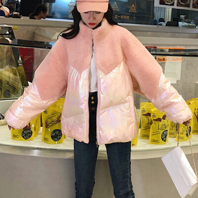 

Tailored Fashion Women Lamb Imitation Splicing Jacket Coat Warm Long Sleeves Overcoat