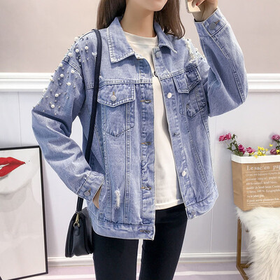 

Toponeto Women Button Long Sleeve Pearl Beading Denim Open Front Jean Jacket Overcoat