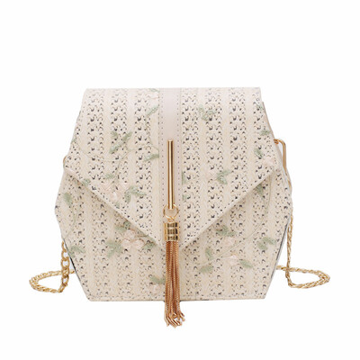 

Hexagon Style Straw Lace embroidery Bag Handbags Women Summer Rattan Bag Handmade Woven Beach Bohemia Handbag 2019 New Fashion