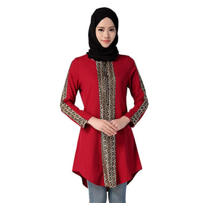 

Women Muslim Long Shirt Quarter Zipper Retro Splicing Color Blouses Tops