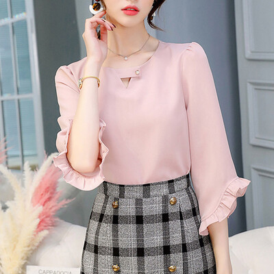

Starmoon Women Summer Work Office V Neck Ruffles Sleeve Solid Chiffon Blouse Shirt Top