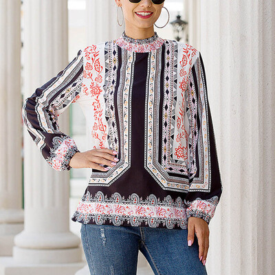 

Tailored Womens Fashion Long Sleeve Printed Lantern Sleeve Shirt with Vertical Blouses