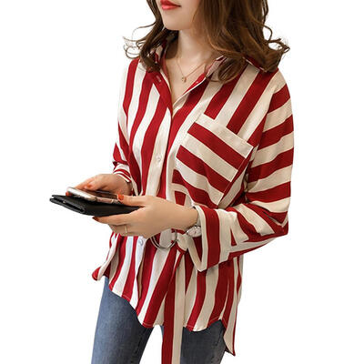 

Women Blouse Long Sleeve Striped Pattern Single Breasted T-Shirt with Belt