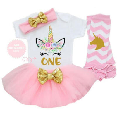 

3PCS Newborn Baby Girl Unicorn Romper Tutu Skirt Outfits 1st Birthday Clothes