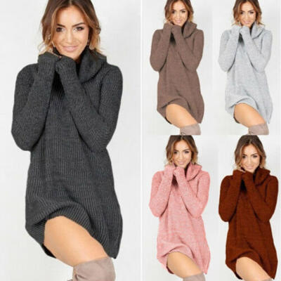 

US Womens Cowl Turtleneck Loose Long Sleeve Sweater Jumper Shirt Top Dress 2019