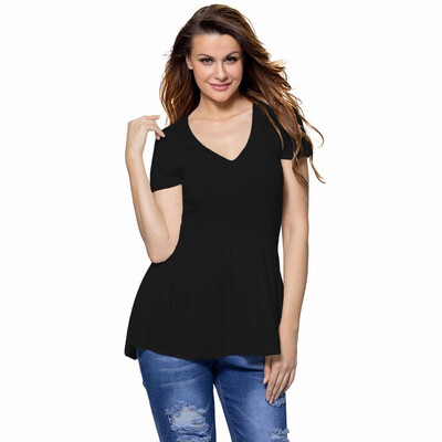 

Sweetheart V-neck short sleeve front short long T-shirt street top