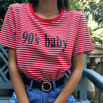 

Women Casual Letter Printed Cropped Top Shirt Tumblr Red Striped Cotton T-shirt Summer Female Loose Cute Top Tee