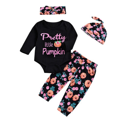 

Girls Halloween Alphabet Flower Print Four-Piece Set Long Sleeve Top Pants Hat Hair Strap baby suit