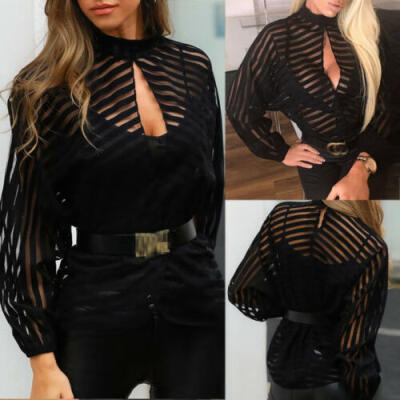 

Women Gauze Mesh Net Blouse Sheer Long Sleeve Ladies Shirt Black Front Hollow