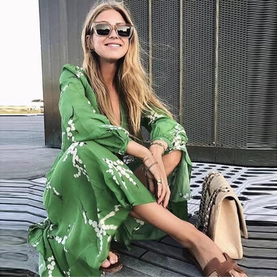 

New Women Chiffon Kimono Cardigan Floral Print Long Sleeve Tie-Waist Loose Outerwear Bikini Cover Up Green