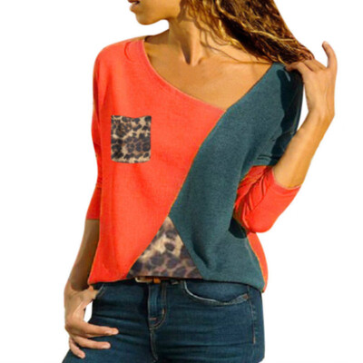 

Women Fashion Casual Long Sleeve Loose Blouse Contrast Color Shirts T-shirt Tops