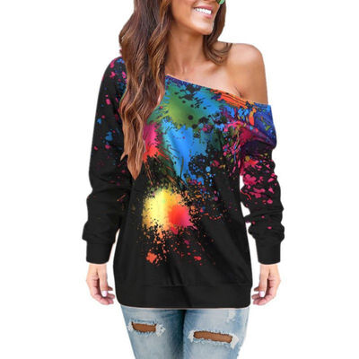 

Color Splash Ink T-Shirt Female Oblique Shoulder Spray Paint Simple Casual Wild Wild Autumn Yards Sufficient