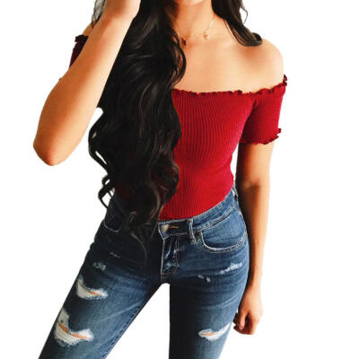 

Women Sexy Off Shoulder Ruffle Short Sleeve T-Shirt Slim Elastic Crop Tops