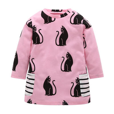 

Casual Cartoon Cat Girls Autumn A-line Dress Cotton Long Sleeve Clothes