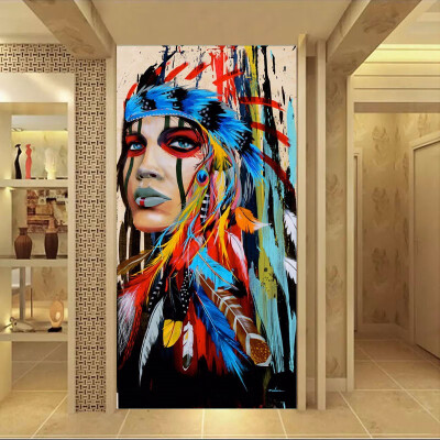 

Native American Indian Girl Feathered Canvas Painting For Living Room Wall Art Home Décor Unframe 30x60cm12x24