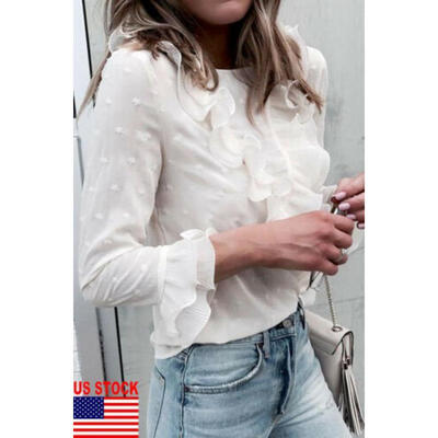 

US Womens Ladies Long Sleeve Loose Blouse Casual Ruffle Shirt Tops T-Shirt Tee
