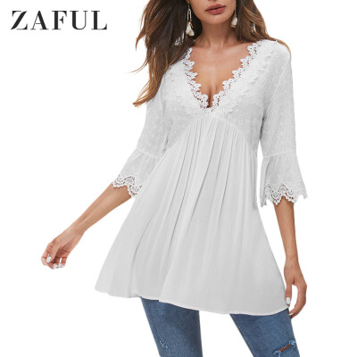 

Flare Sleeve Lace Panel Eyelet Blouse