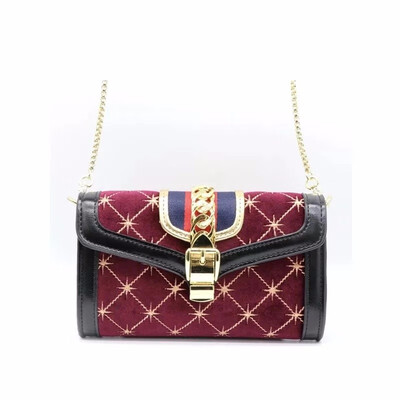 

Fashion embroidery velvet rhombic pu leather chain hand bag women Blue Patchwork diamond quilted Inclined shoulder bag