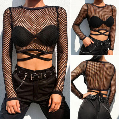 

Sexy Women Mesh Sheer Crop Top Long Sleeve Transparent T-Shirt Blouse Tee Tops