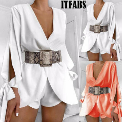 

Womens Bow-knot Long Sleeve Tunic Tops Blouse Deep V Neck Jumpsuit Playsuit
