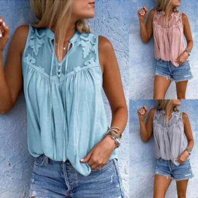 

Womens Lady Sexy Summer Sleeveless Lace Top Vest Tank T-Shirt Blouse Tops US