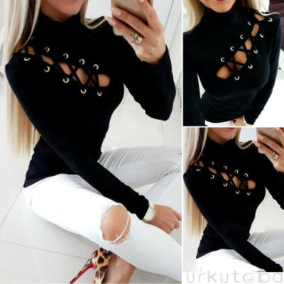 

Womens Lace-Up Eyelet Hollow Out T-Shirt Ladies Long Sleeve Slim Fit Blouse