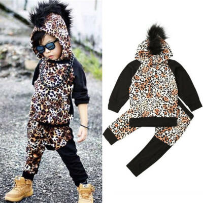 

UK Infant Baby Kid Boys Lepoard Hooded Tops Shirt Pants 2Pcs Outfits Clothes Set