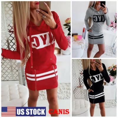 

Women Hooded Sweatshirt Dress Casual Long Sleeve Hoodie Pullover Sweater Tops US