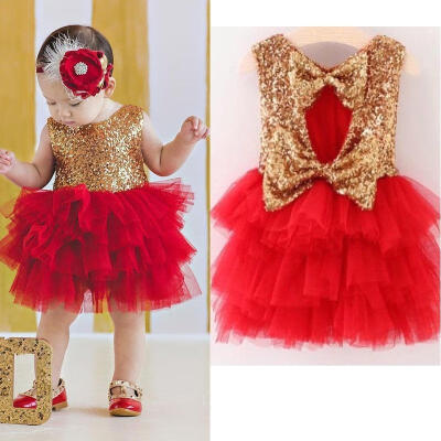 

Fashion Girl Sequins Bow Tulle Cake Dress Xmas Princess Baby Party Formal Dress