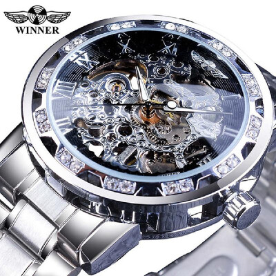 

WINNER Men Automatic Watch Fashion Diamond Display Luminous Hands Gear Movement Retro Mechanical Skeleton Watches Luxury Casual Bu