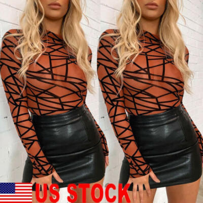 

US STOCK Women Long Sleeve Bodysuit Leotard Bodycon Jumpsuit Romper Top Blouse