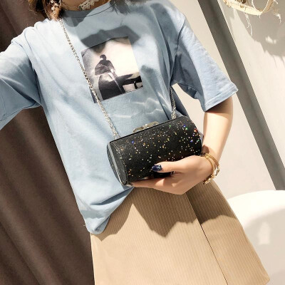 

Fashion Women Chain Sequins Crossbody Bag Korean PU Leather Cylinder Shoulder Messenger Bag