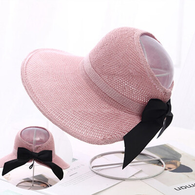 

New Fashion Elegant Summer Female Bow Knitted Wool Straw Empty Hat Outdoor Travel Portable Foldable Sunscreen Beach Sunshade Hat