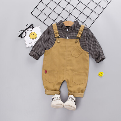 

Autumn Baby Boy Adorable Plaid Print Long Sleeve Shirt Blouse Suspenders Trousers Casual Outfits Clothes