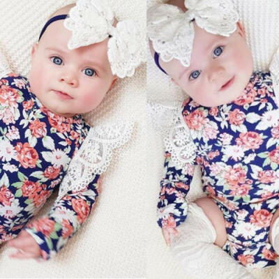 

US Stock Infant Baby Girl Floral Romper Lace Ruffle Headband Jumpsuit Outfit Set