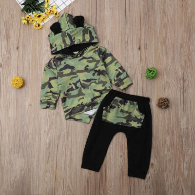 

Newborn Baby Boys Girl Hooded Tops Long Pants Leggings Camouflage Outfit Clothes