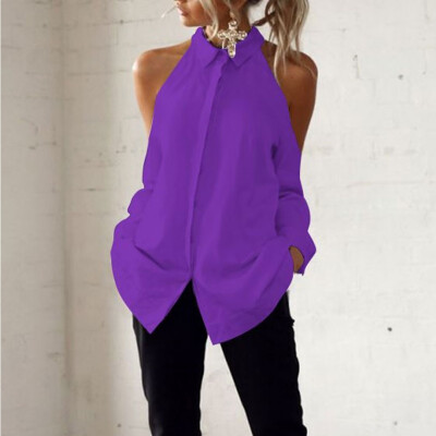 

Women Off Shoulder Long Sleeve Chiffon Shirt Tops Turn Down Collar Casual Blouse