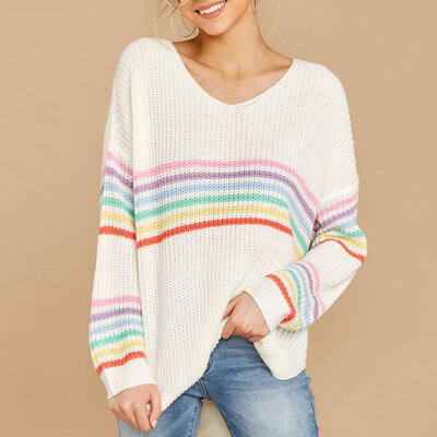 

〖Follure〗Pullover Plus Size Women Knitted Stripe Patchwork Long Sleeve V-Neck Sweater Top