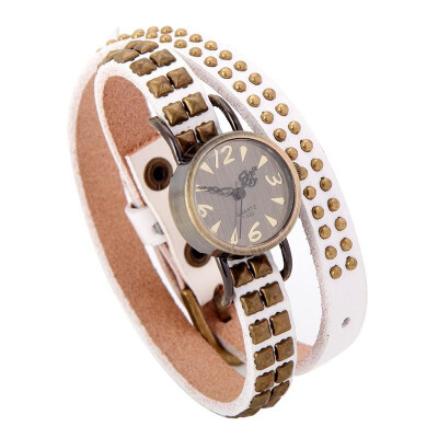 

Women Lady Quartz Wrist Watch Rivet Round Wrap Strap Bracelet Genuine Cow Leather