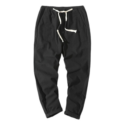 

Tailored Men Pure Color Trousers Tethers Cotton Linen Nine Points Small Feet Casual Pant