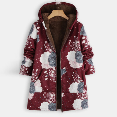 

Tailored Women Plus Size Vintage Warm Printed Pockets Thicker Zipper Hooded Coat Outwear