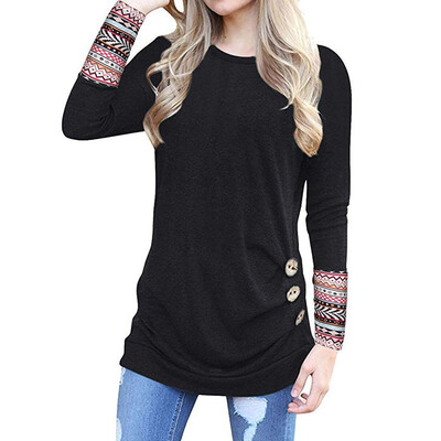 

Nomeni Women Long Sleeve Loose Button Trim Blouse Patchwork Round Neck Tunic T-Shirt