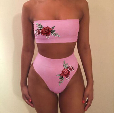 

Roseonmyhand Women Fashion Sexy Swimwear Embroidered Rose High Waist Bikini Set Bathing Suit