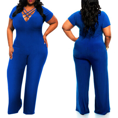 

Starmoon Womens Plus Size V-neck Short Sleeve Sexy Cross Strap Straight Jumpsuit