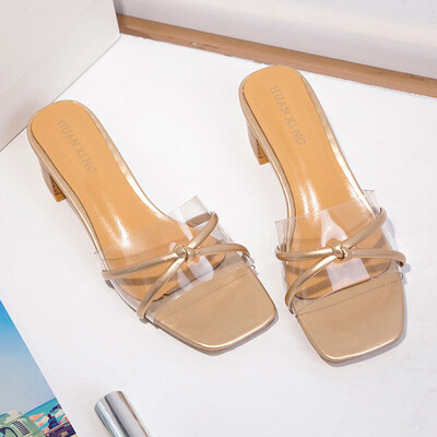 

Sandals Female Summer Korean Version 100 Sets of Transparent High-heeled Cross Students Open-toed Medium-heeled Sandals