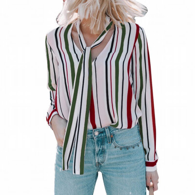 

Womens V-neck long-sleeved tie color striped loose shirt womens